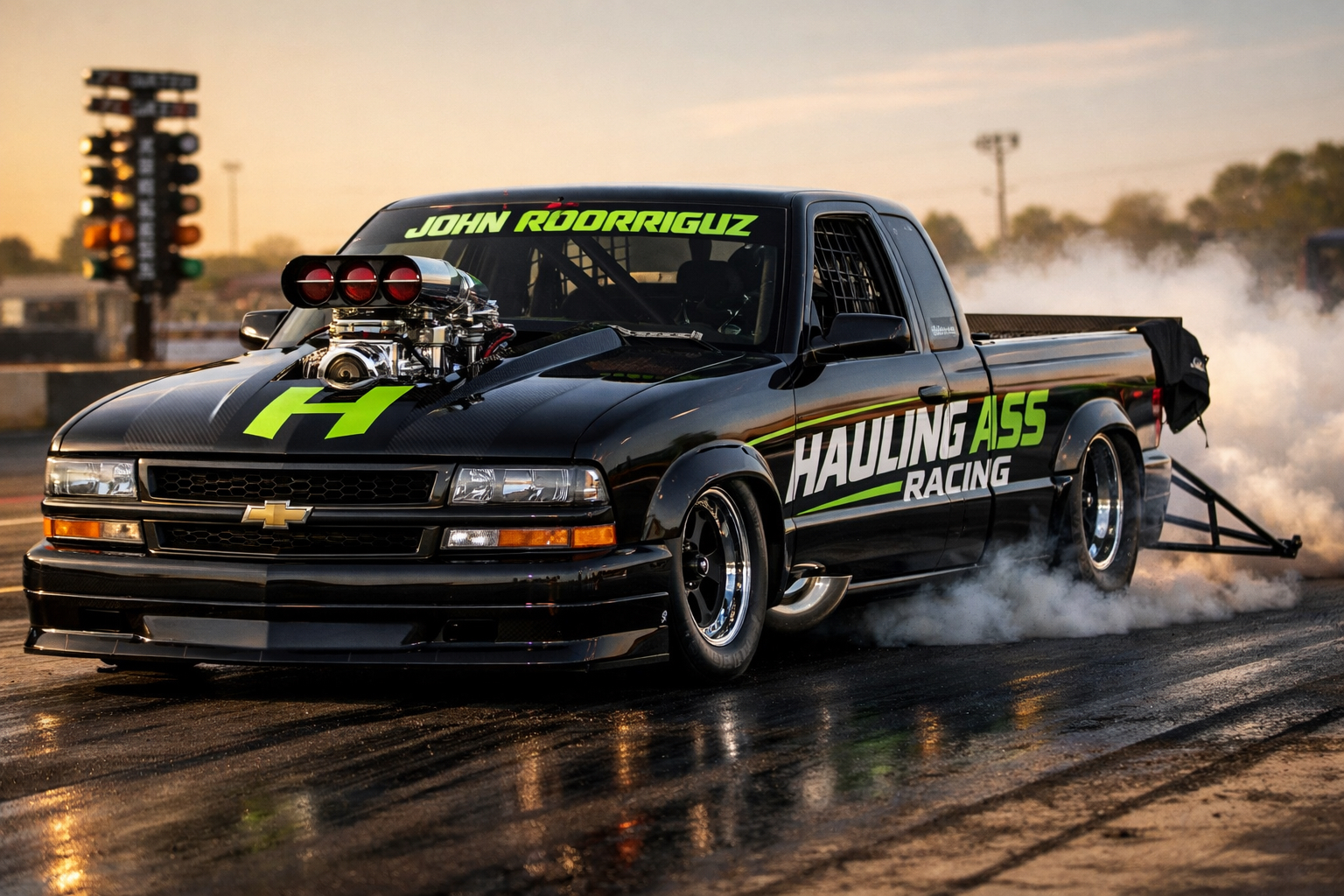 John Rodriguez's supercharged S10 drag truck doing a burnout with Hauling Ass Racing livery